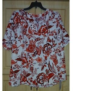 Emery Rose Womens Floral Split V-Neck Short Sleeve Blouse Top White Orange Red